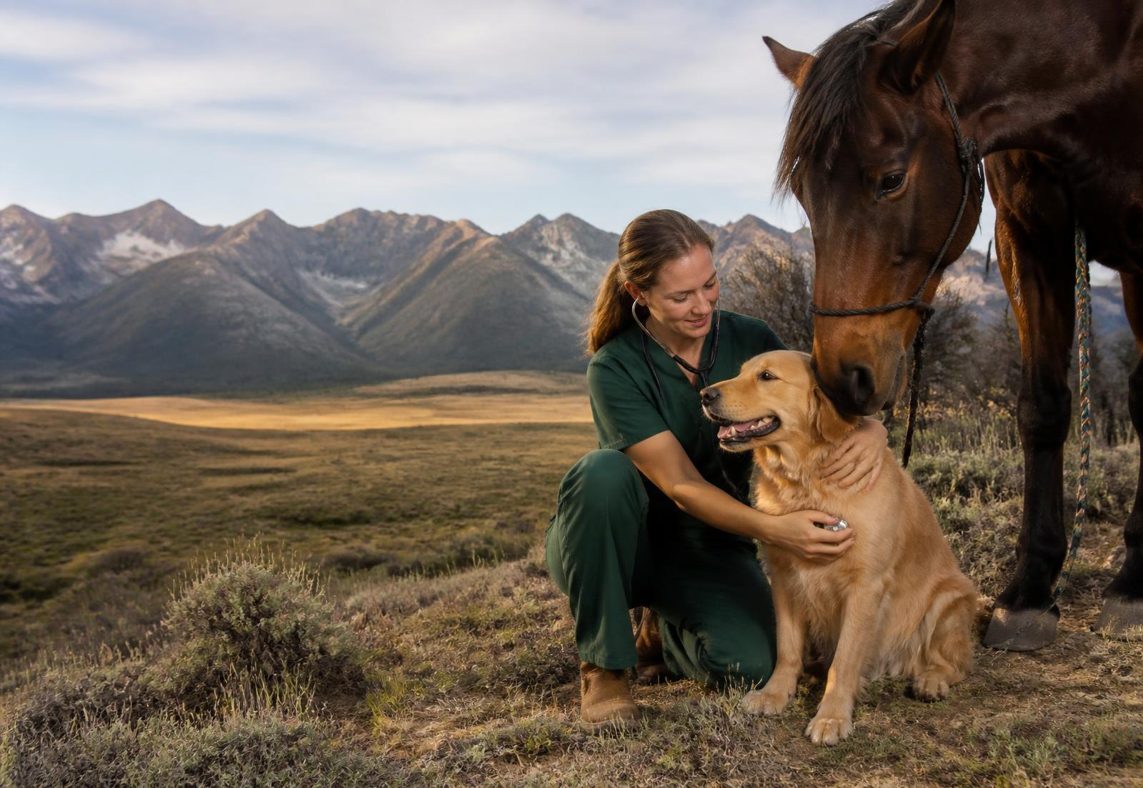 Veterinary professional caring for a dog and horse beneath the Ruby Mountains